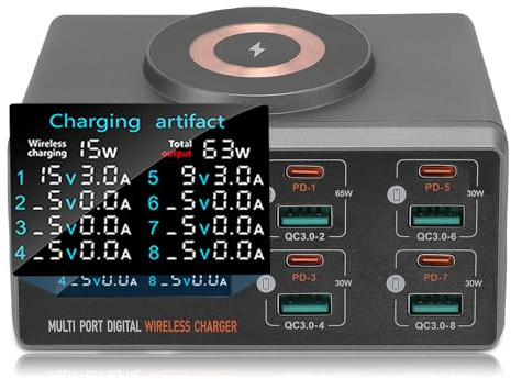 Ladestation, 140 -W -Desktop -Ladegerät mit LCD -Display, Multi -Port mit 65W PD, QC3.0, 15W Magnetischem Drahtloses Ladung, Stützen Sie 9 Geräte Gleichzeitig (EU-Stecker)