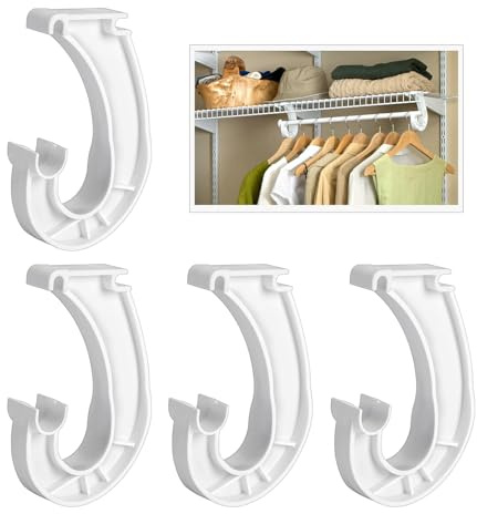 4Pcs Hanging Closet Rod Support,3/4 Closet Shelf Rod Holder,Sturdy J-Shaped Closet Brackets for Hanging Clothes,Cabinets Storage and Curtain