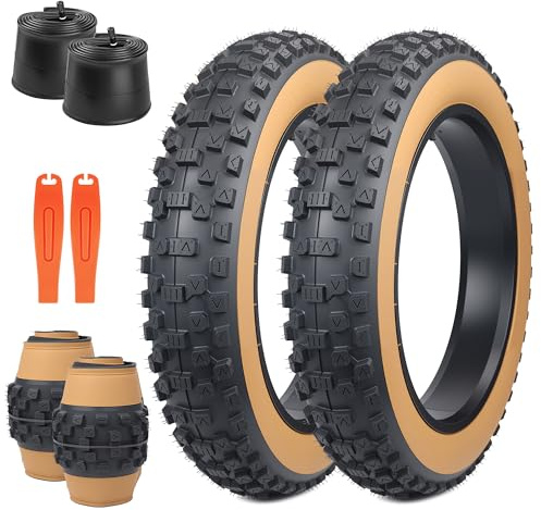 ZUKKA Elcykeldäck på 20 tum, 2 st., robusta, storlek 20 x 4,0 102–406, vikbara tjocka cykeldäck och 2 st. slangar på 20 tum, storlek 20 x 4.0 AV 35 mm, för elcykel/mountainbike/snöcykel, bruna