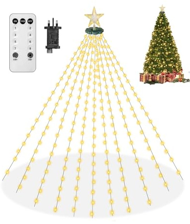 Lichterkette Weihnachtsbaum mit Sternspitze, 2M 400 LEDs Christbaumbeleuchtung, 8 Lichtmodi mit Speicherfunktion, 16 Stränge, wasserdicht IP65, 2600K Warmweiß, Tannenbaum Lichterkette Innen Außen