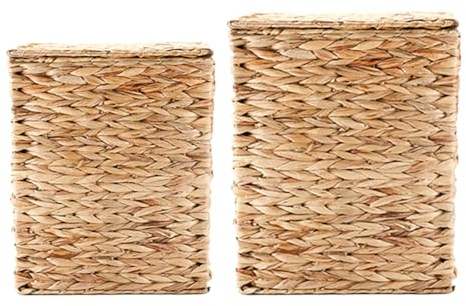 GRUGOODS Juego de 2 cestas de mimbre para la colada con tapa, 60 L y 40 L, trenzadas a mano, de ratán natural de jacinto de agua, contenedores para accesorios para el hogar y almacenamiento para