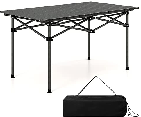 COSTWAY Campingtisch faltbar, Falttisch mit aufrollbarer Tischplatte, Klapptisch Gartentisch mit Aluminium-Tischplatte für 4 Personen, inkl. Tragetasche, 95 x 55 x 50 cm (Schwarz)
