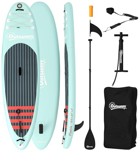 Outsunny Tavola da paddle surf gonfiabile con accessori, 320 cm, pagaia in alluminio regolabile, chiglia, tavola da stand up paddle con superficie antiscivolo in EVA, pompa e zaino, carico 160 kg,