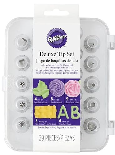 Wilton Deluxe Piping Tip Set of 29: 26x Stainless Steel Tips, Coupler, Flower Nail, and Tip Saver Case - Cake Decorating Tools for Baking, Cakes, Cupcakes - Set of 29