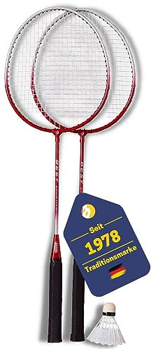 Best Sporting Badminton Schläger Set I Hochwertige Federballschläger aus gehärtetem Stahl I Leichte Badmintonschläger mit Ösen I Federball Schläger mit Ball I 280 g (rot/Silber)