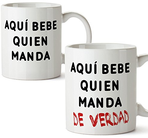 MUGFFINS Pack 2 Tazas - Regalo para Parejas compañeros de Piso o de Trabajo - Regalo Original de Novios y Novias San Valentín y también para Amigos - Aquí Bebe quien Manda