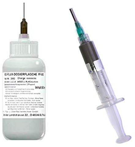 EO SMD-Lötset Nr. 6a (1 x EO-Flux-Dosierflasche FF-334 mit 50 ml No-Clean-Elektronik-Flussmittel u. 1 x 10 g niedrig schmelzende Rework-Paste (Solder Paste) für die Elektronik, inkl. Dosiernadel