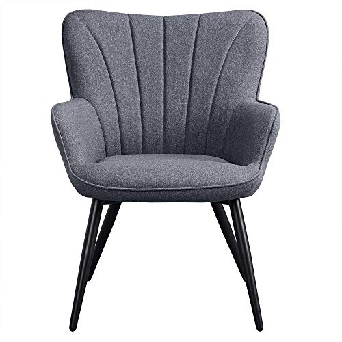 Yaheetech Fabric Dining Chair, Modern Upholstered Armchair Corner Chair with Pleated Back and Sturdy Black Steel Legs for Dining Room/Living Room/Cafe/Home Furniture, Grey