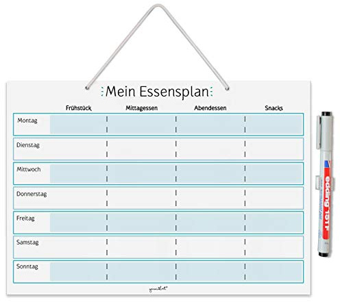 younikat Essensplaner zum Aufhängen DIN A4 - abwischbar- Blau - dv919 | mit Aufhängung, Stifthalter und Stift, Whiteboard Planer für die ganze Woche, 1 Essensplaner im Format DIN A4 210 x 297 mm