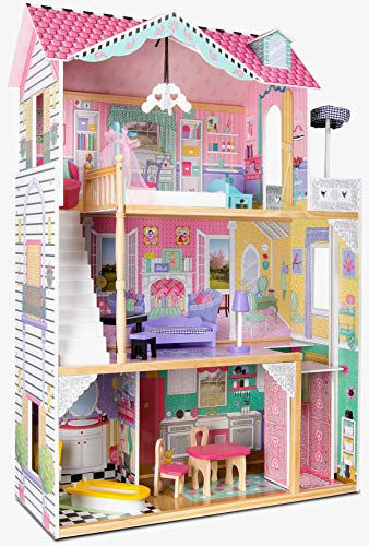 Leomark Holz Rosa Puppenhaus mit Aufzug - Aparthouse für Kinder - mit mit Terrasse, 14 Zubehör, Höhe: 121 cm