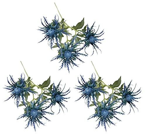 MISNODE Künstliche Eryngium-Pflanzen, künstlicher blauer Distel, Blumenstrauß, künstlicher Eryngium Foetidum, Simulation, Meer-Stechpalme, 3 Stück, Hochzeit, Fensterstrauß (blau)