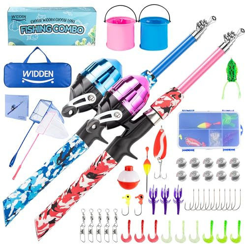 WIDDEN 2 Pack Kids Fishing Pole, Portable Telescopic Kids Fishing Poles Set for Boys and Girls, Fishing Rod and Reel Combo Kit with Tackle Box, and Fishing Net, Best Fishing Pole for Toddler Youth