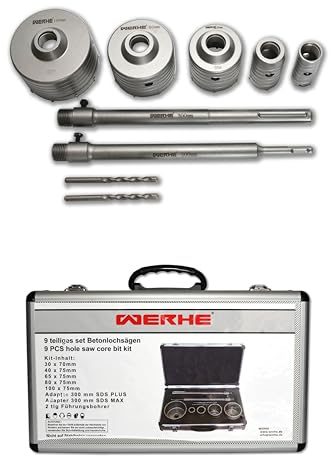 WERHE Betonlochsäge Set 9-teilig, Kernbohrer Ø 30-100 mm, SDS Plus/Max | Transportkoffer, 2 Verlängerungen je 300 mm, legierter Stahl, für Mauerwerk, Ziegel, Beton, inkl. 2 Führungsbohrer