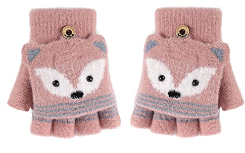 AfinderDE Kinder Fausthandschuhe Mädchen jungen Abnehmbare Klappe Strickhandschuhe Fäustlinge Handschuhe Fingerhandschuhe Fingerlos Halb Handschuhe Strick Handschuhe Winterhandschuhe (Rosa 5), L