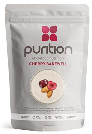 Purition Cherry Bakewell – High Protein Wholefood Shake | 500g Natural Meal Replacement with Whey Protein for Keto Diet, Weight Loss & Healthy Breakfasts | 12 Servings