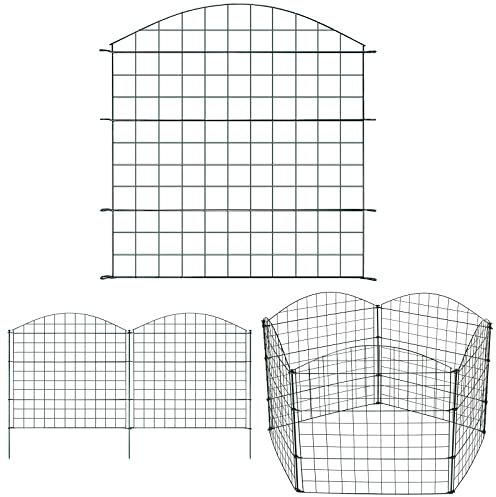 Tubiaz Teichzaun Set, 5 Stück Teichzaun Steckzaun Metall mit 11 Zaunelemente-5 Zaunelemente 6 Befestigungsstäben, Länge 3,75 m Metallzaun Grün, Freigehege Gartenzaun Tiergehege (Oberbogen)