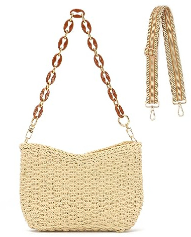 SUKUTU Sac à Bandoulière en Paille Tressée pour Les Femmes Sac de Plage Estival Sac à Bandoulière Sacoche avec Chaîne