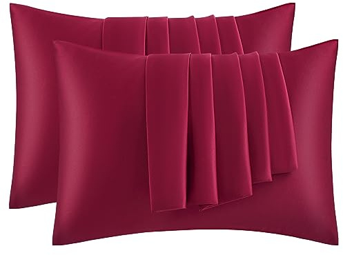 WOLTU 2er Set Satin Kissenbezug 50 x 70 cm, Premiun Kopfkissenbezug weiche ähnlich wie Seidenkissenbezug, Kissenhülle Haar- und Hautpflege Seidig mit Reißverschluss, Bordeaux