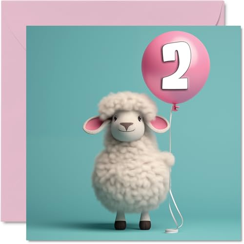 Geburtstagskarte zum 2. Geburtstag für Mädchen und Jungen, Schaf-Ballon | Happy Birthday Karte 2 Jahre altes Mädchen Jungen, zweite Geburtstagskarte für Sie und Ihn, 145 mm x 145 mm, Grußkarten für