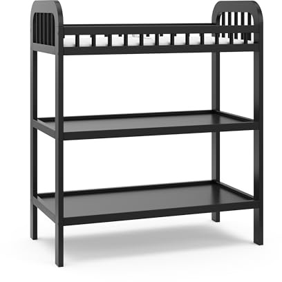 Storkcraft Pasadena Changing Table with Water-Resistant Changing Pad (Black) - GREENGUARD Gold Certified, Includes Bonus Water-Resistant Changing Pad with Safety Strap, 2 Open Shelves