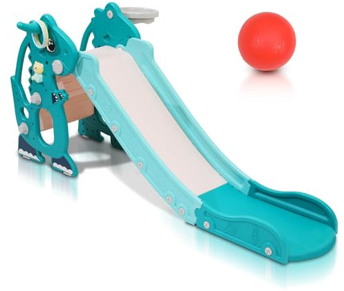ISOISL Rutsche 4-in-1 Kinderrutsche Faltbar, Kinder Fun-Slide mit Basketballkorb, Rutsche ab 1 Jahr, Kinder Rutsche Indoor und Outdoor,Gartenrutsche -Grün
