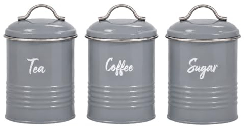 EHC Tea, Coffee, Sugar, Canister Set, Set of 3 Airtight Food Storage Easy to Open Storage Canisters Jars Tin, Dark Grey