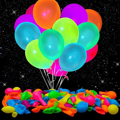 100 pcs Globos de Neón Fluorescentes Fiesta 7 Colores Cumpleaños Globos de Látex con 2 pcs Blanco Cinta ，para Decoración Fiesta Cumpleaños