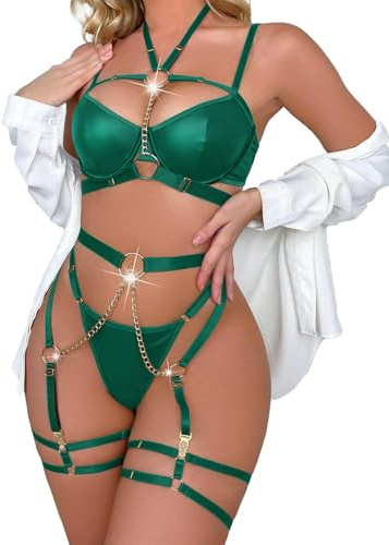BEINF Completo Intimo Donna Set di Lingerie Sexy 7 Pezzi di Lingerie Esotica con Reggiseno con Ferretto e Mutandine con Catena a Girocollo Rimovibile, Polsini per Le Cosce, Calze