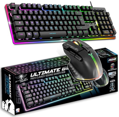 Spirit of Gamer, Pack Clavier Souris Filaire Gamer RGB, Structure Aluminium, Layout AZERTY FR Rétroéclairé, Gaming Keyboard Semi Mécanique, Wired Mouse 4800 DPI