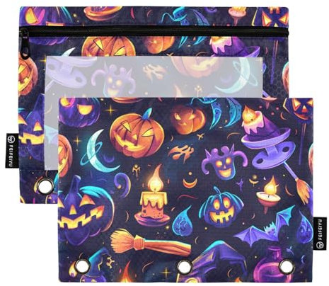 Fustylead Halloween Funny Magic Witch Hat Bat Pumpkin Candle Stars Moon Pencil Pouch for 3 Ring Binders, Zipper Pencil Bags with Clear Window Organizer for Cosmetic Office 2 Pack