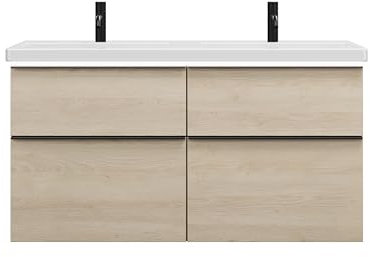 burgbad Eqio Keramik-Doppelwaschtisch inklusive Waschtischunterschrank mit LED-Beleuchtung, mit 4 Schubladen, Breite 1230mm, SEZD123F3180C0001G0252, Farbe: Eiche Dekor Cashmere/Eiche Dekor Cashmere,