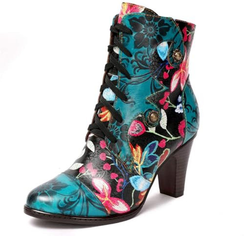 SOCOFY Womens Ankle Boots Leather High Heel Comfort Splicing Floral Pattern Lace Up Boots Leather Winter Fur Lined Boots Anti-Slip Side Zipper Walking Boots for Wedding Party Dress