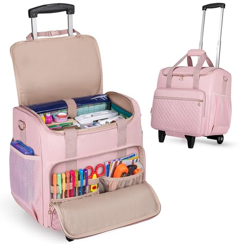 LUXJA Rolltasche mit Taschen für 30,5 x 30,5 cm große Scrapbook-Album und Laptop, Roll-Scrapbook-Tragetasche mit abnehmbarem Dolly (zum Patent angemeldet), Rosa