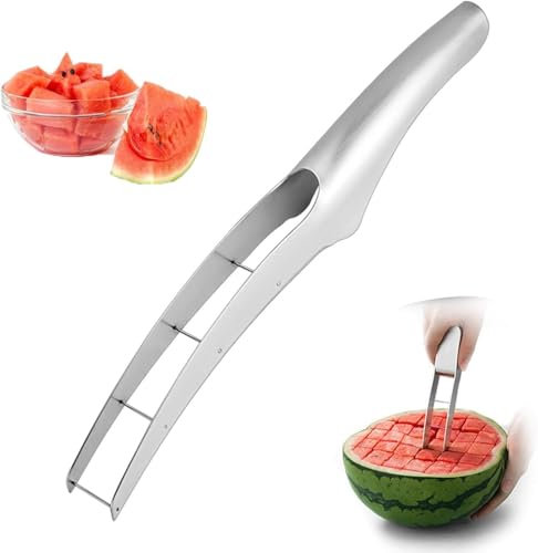 Melonenschneider Edelstahl, Wassermelonenmesser,Wassermelonen Schneider, Multifunktionales Fruchtmesser, Melonen Würfel Wassermelonen Messer, Obstschneider für Cantaloupe, Papaya, Drachenfrucht ﻿