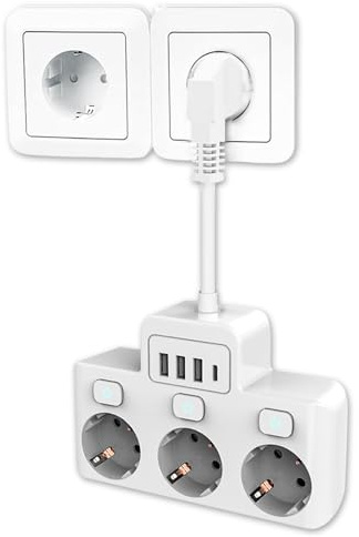 Rppiup Mehrfachstecker mit USB, Mehrfachsteckdose mit Schalter, 7 in 1 steckdosenadapter 3-Fach mit 3 USB + 1 Type C, Steckdosenleiste mit USB, Geeignet für Steckdosenleisten im Büro und zu Hause