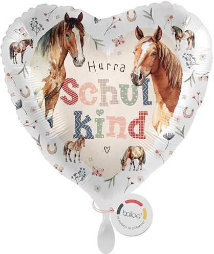 balloa Folienballon Schulkind, herzförmiger Helium Ballon zur Einschulung mit Pferdemotiv, Geschenk für Mädchen, Deko zum Schulanfang oder Einschulungsfeier, befüllbar mit Luft oder Helium, 33cm