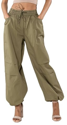 Nina Carter YY306 Damen Cargo Hose – Weit geschnitten, High Waist, Tunnelzug, Plissee an den Knien, Verstellbarer Beinabschluss, Streetwear Stil (Khaki (YY306-11), XS)