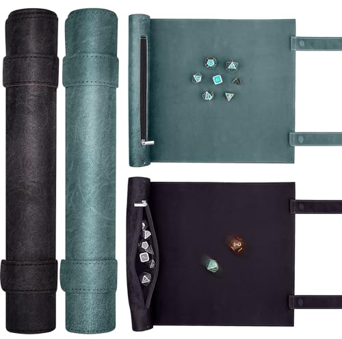 SIQUK 2 Pièces Tapis de Dés Pliable Plateau à Dés et Sac à des Tapis de des en Cuir avec Fermeture éclair et Pochette pour DND RPG (Cyan, Noir)