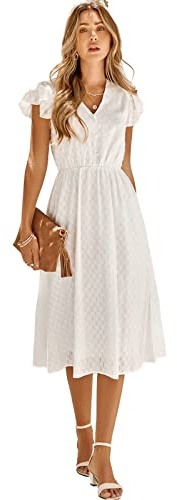 HEYPORK Damen Frühling Sommer Rock Bequem Lässig Kleider Elegant Röcke Frauen V-Ausschnitt Solide Farbe Lotus Blatt Ärmel Lässig Langes Kleid