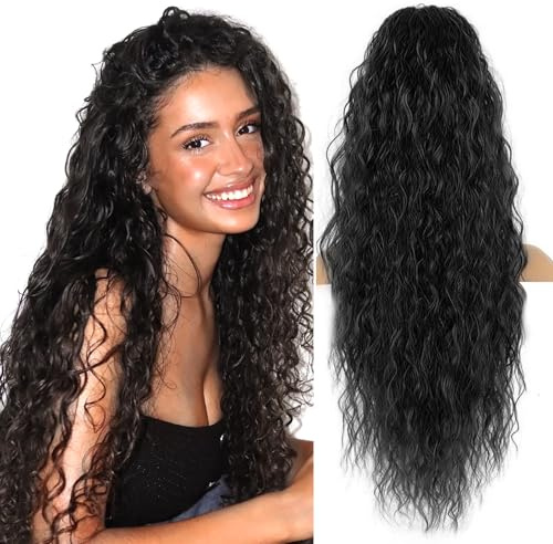 KELAV Extensión de Coleta para Mujer 56 cm, Cabello Sintético Largo Ondulado Rizado, Color Negro, Con Cordón y Red Elástica, Postizo sin Horquillas para Volumen Instantáneo​