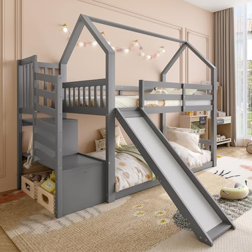 RIAZOS Etagenbett 90x200 cm, Hochbett mit Rutsche, Hausbett mit Dach, Kinderbett mit Treppe, Holzbett mit 1x Lattenrost, Jugendbett, Grau, ohne Matratze