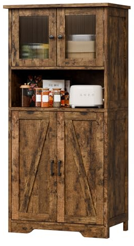Garvee Badschrank Mit 4 Türen Und Offene Ablagefächer, Badezimmerschrank Mit Verstellbaren Regalen, Badkommode Aufbewahrungsschrank Für Badezimmer, Küche, Wohnzimmer Verstellbare Trennwände (Vintage