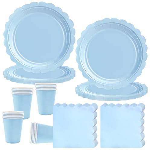 Vajilla de Fiesta de Cumpleaños para Niños,Juego de Vajilla de Fiesta de Cumpleaños de Azul Claro con Platos Tazas Servilletas para Baby Shower Cumpleaño(20 Invitados)