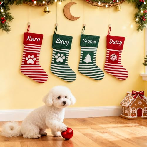 Generisch Personalisiert Weihnachtsstrumpf, Namensstickerei, 35 cm | Rot-Grün Gestreifter Strickstrumpf, 13.8zoll, Weihnachtsdeko für Familie & Haustiere