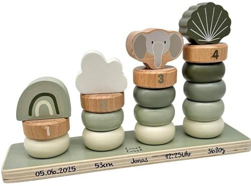 Mainely Personalisierbares Holz-Stapelspiel Elefant Olivgrün – fördert Feinmotorik & Hand-Augen-Koordination – für Kinder ab 18 Monaten – personalisiert mit Name und Geburtsdaten – Label Label