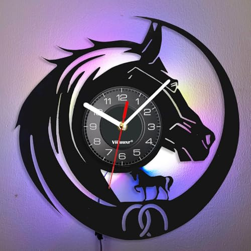 Viiluuxr LED Leuchtend Vinyl Schallplatten Uhr Batteriebetrieben 30cm Led-Streifen Pferde Form Ställe Gärten Deko Geschenke für Pferdeliebhaber Nachtlicht Leuchtendes Ambiente Wanduhr. (Farbenfroh)