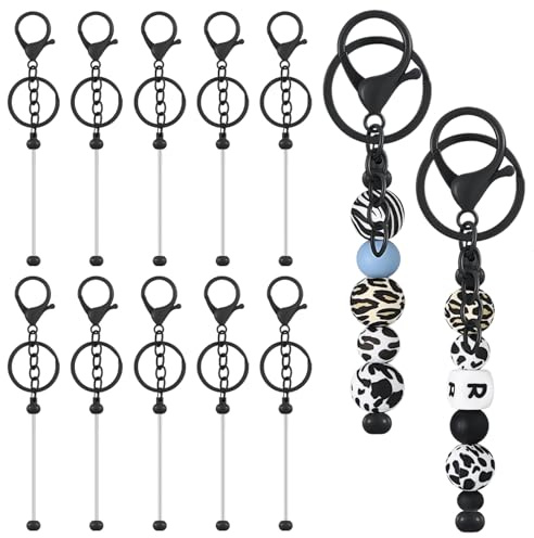 Onperpoe 10 Stück Perlen Schlüsselanhänger zum Basteln, Schwarz Edelstahl Streifen Schlüsselanhänger Rohlinge, Crafting Keychain für Schmuckherstellung Frauen Männer DIY-Bastelarbeiten