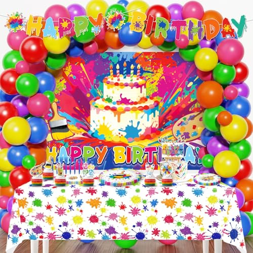 Diosnase Paint Party Decorations, Art Party Decorations with Balloon Arch Kit, Banner, Backdrop, Tablecloth, Plates, Napkins, Forks, Cake Topper, Cupcake Toppers