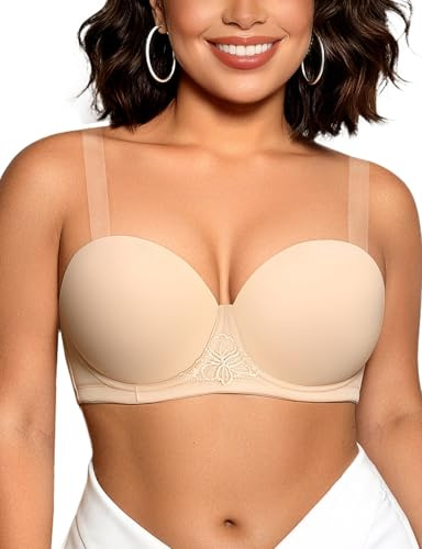 Upushall Plus Size Strapless Bra for Large Breasts with Clear Straps Convertible Multiway Underwire Bras Beige 34E