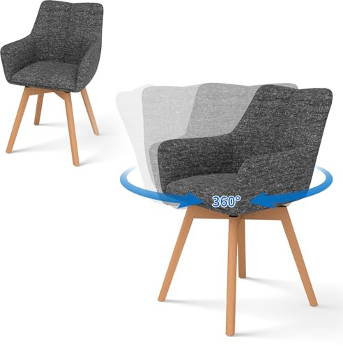 WAFTING Esszimmerstühle 2er Set Drehbar 360° mit Holzbeinen, Grau | Tweed-Stoff, Armlehnstuhl, Moderner Polsterstuhl, Drehstuhl, Esszimmerstuhl Drehbar, Wohnzimmer, Arbeitszimmer, Schlafzimmer
